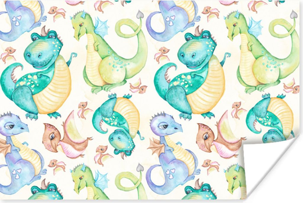 MuchoWow Poster Dinosaurier - Aquarell - Kinder - Jungen - Mädchen - Kinder 180x120 cm - Fotoplakat