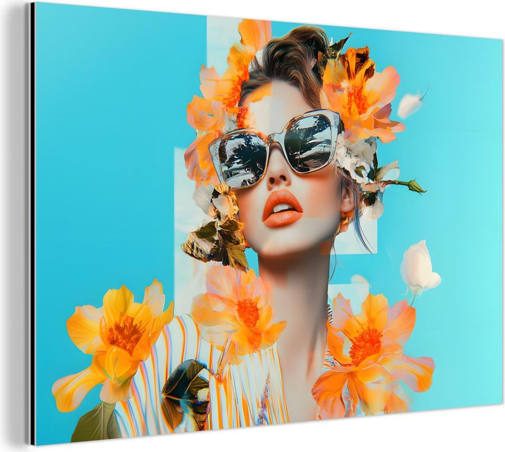 MuchoWow Wanddekoration Metall Metallbild Wandkunst 90x60 cm Blumen - Frau - Sonnenbrille - Blau MuchoWow Aluminium Gemälde - Wandbilder