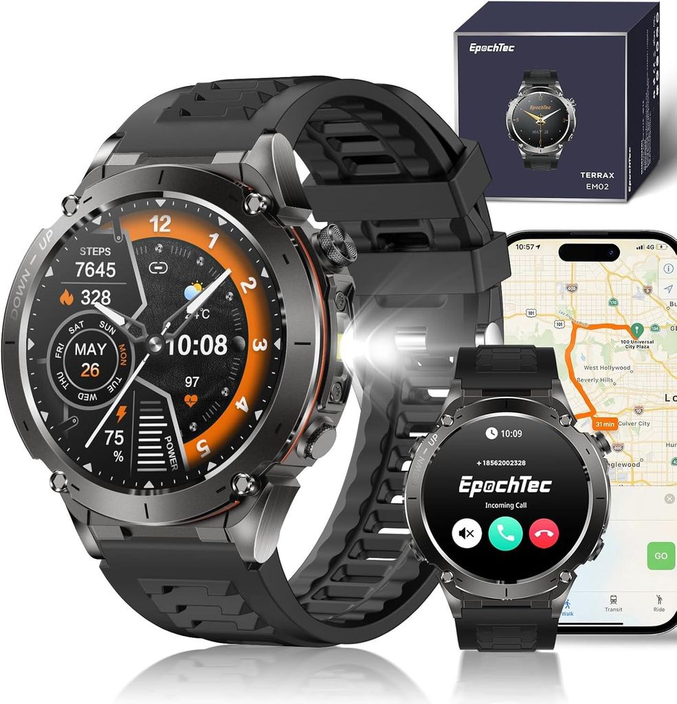 EpochTec Terrax Herren Smartwatch 1.43 Zoll GPS AMOLED, Bluetooth Anrufe, Herzfrequenz, SpO2, Schlafmonitor, 170+ Sportmodi, IP69