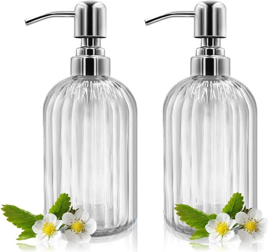 Soap Dispenser - 2 Pack 14 oz Glass Soap Dispenser with Rustproof Stainless Steel Pump, Refillable Liquid Bottle Dispenser, Premium Hand Glass Disp...