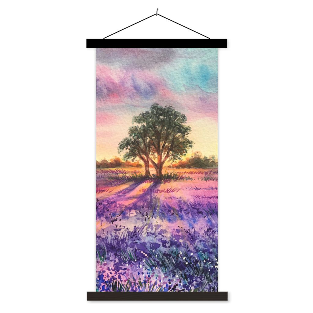 MuchoWow Textilposter Lavendel - Farbe - Vögel - Bäume - Lila 60x120 cm mit schwarzem Rahmen - Magnete