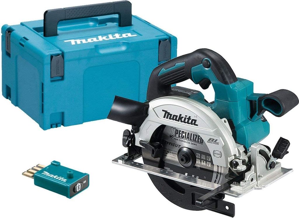 A Makita circular saw, its storage case, and a battery adapter are displayed against a white background.