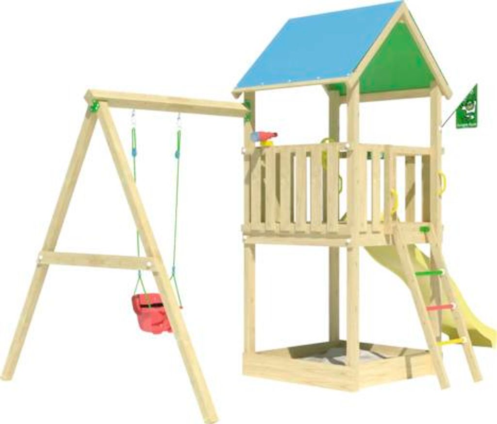 Einzelschaukel Spielhaus mit Stelzen Jungle Gym 444 x 267 cm Holz bestehend aus Fahne, Fernrohr, Grundturm, Handgriff, K