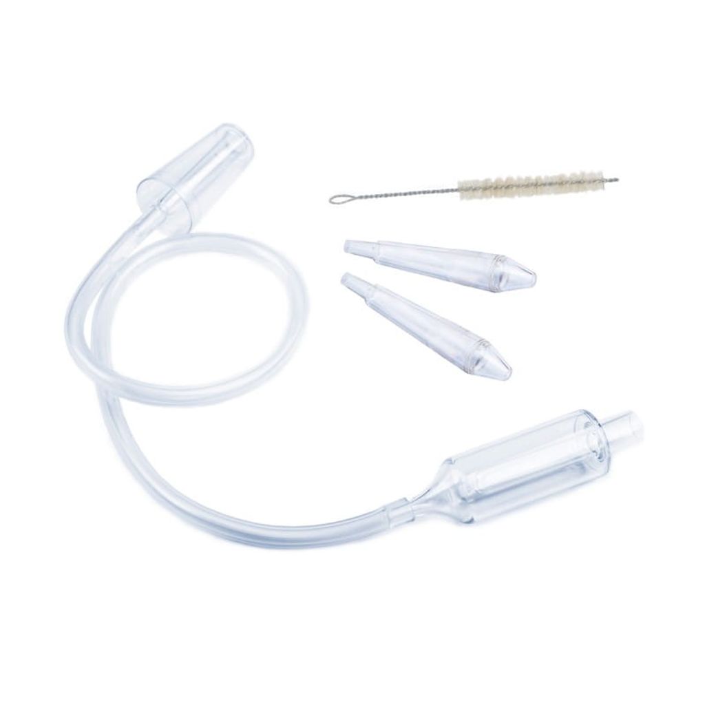 A set of nasal aspirator components, including a tube, tips, and a cleaning brush, laid out on a white background.