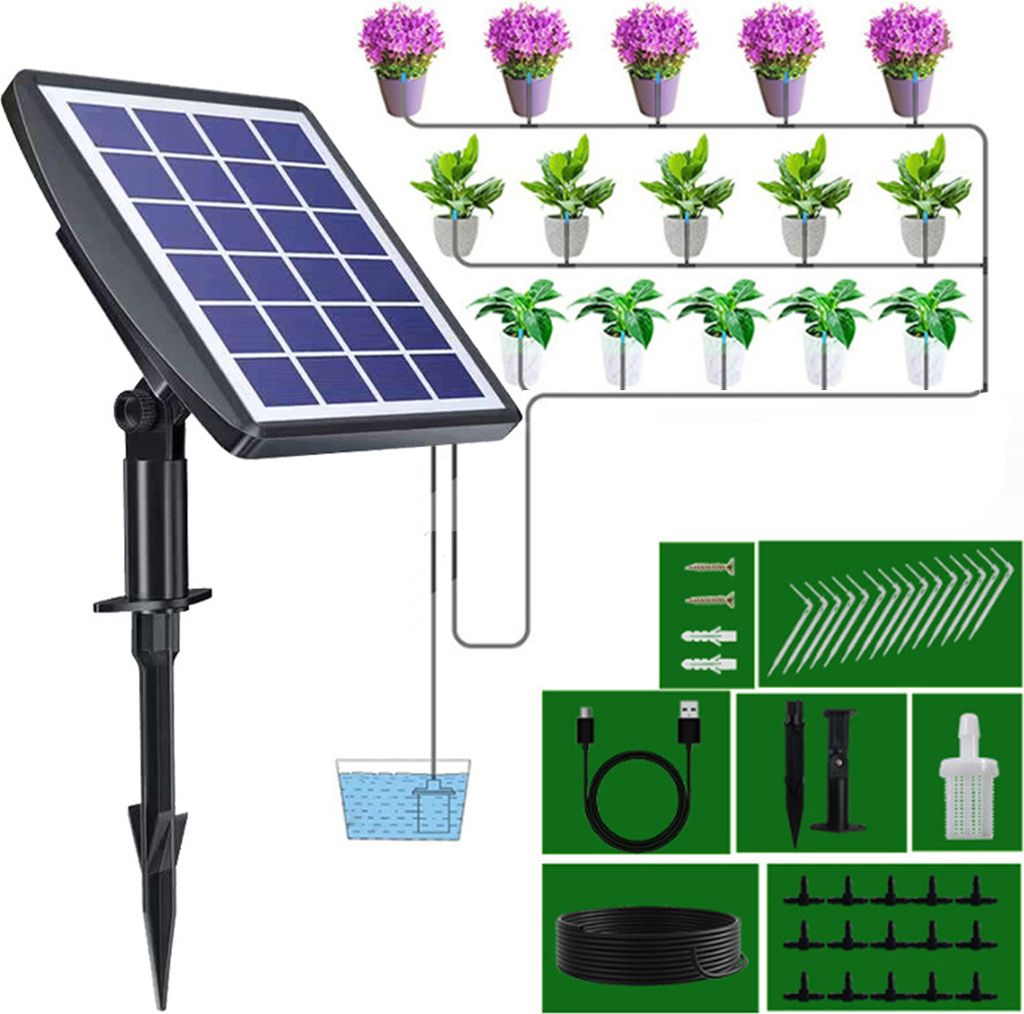 Intelligentes Bewässerungsmaschinen-Set, solarbetrieben, 8 Wasserauslässe, geeignet für Büros/Balkone/Gärten/Blumenbeete