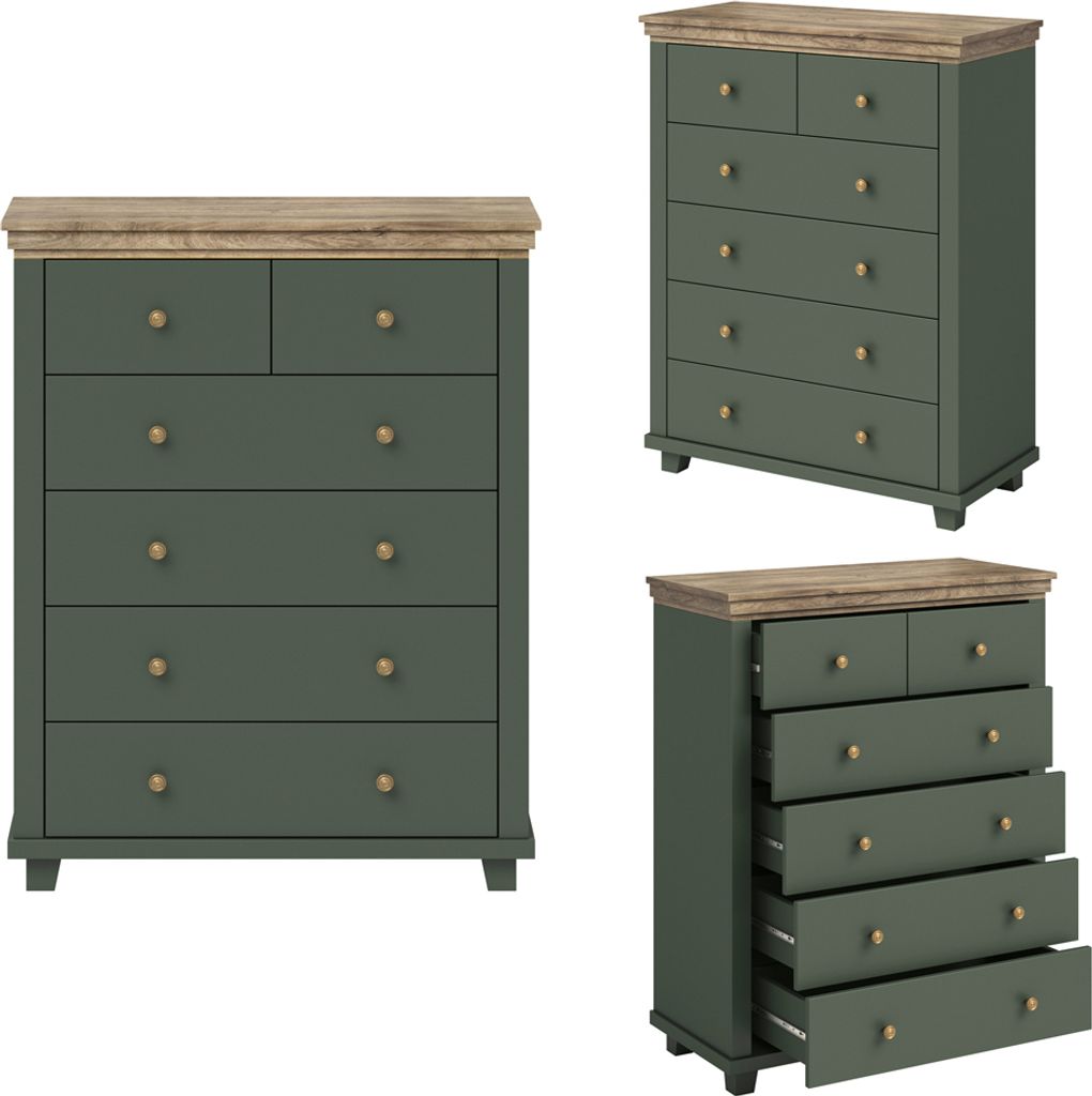 Kommode Highboard Landhausstil EPSOM-83 in grün mit Lefkas Eiche Nb., B/H/T: ca. 90/112,5/42 cm