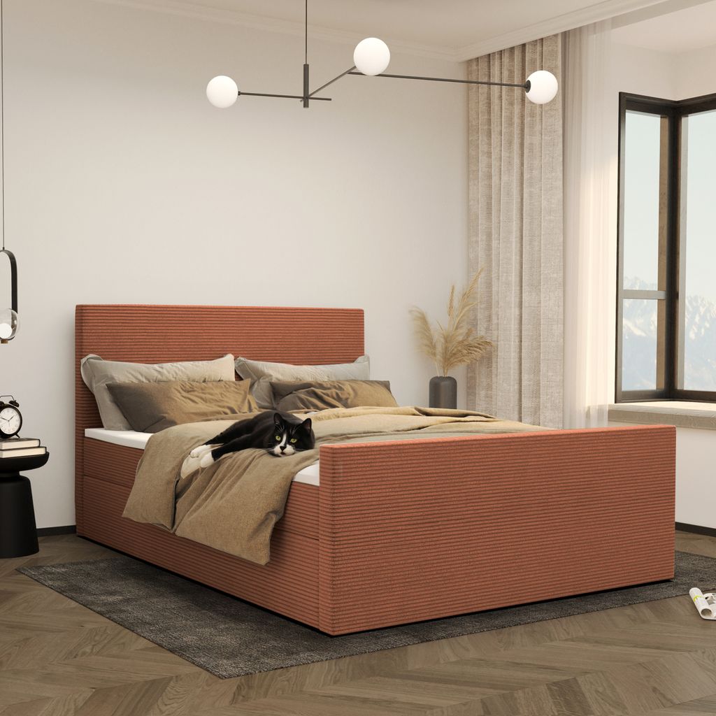 Kaiser Möbel,Boxspringbett mit bettkasten und topper 180x200 cm VIESTA stoff Poso Ziegel H3