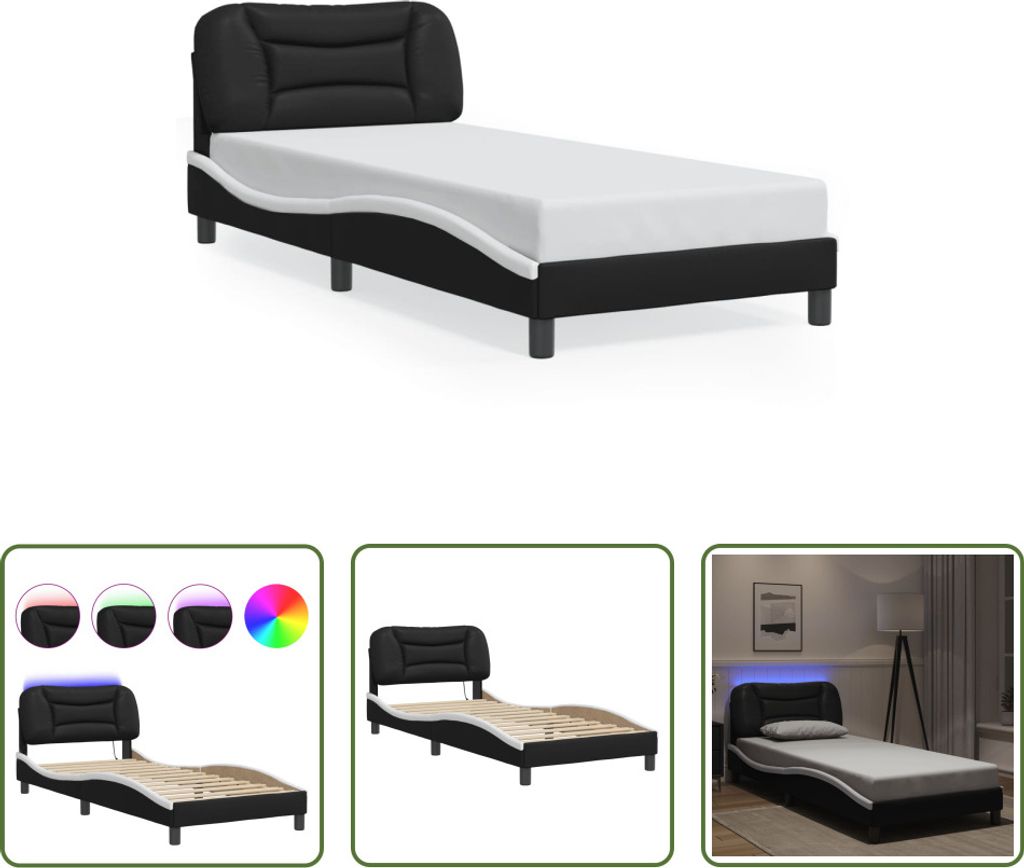 The Living Store Bettgestell mit LED Schwarz und Weiß 90x200 cm Kunstleder