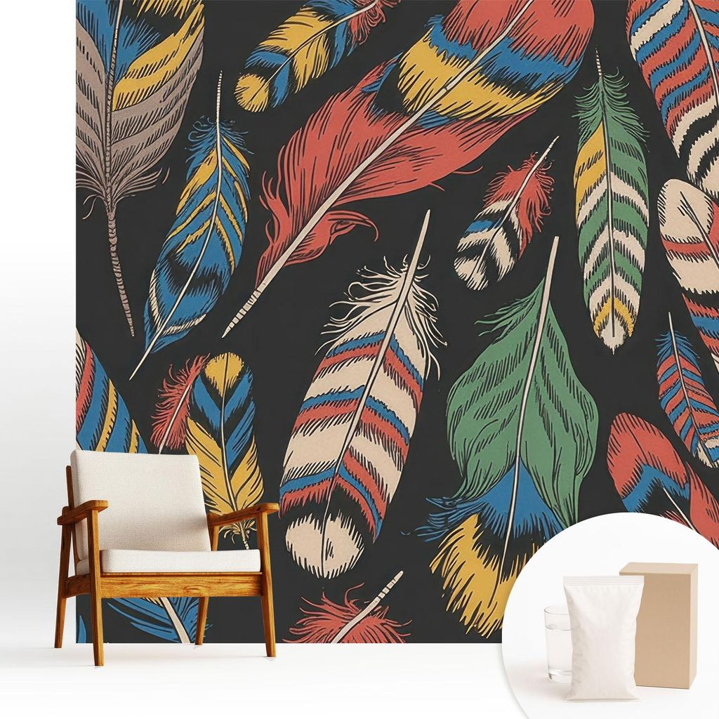 Fototapete - 250x250 cm - Tapete - Wandtapete - Wandbilder - Dekofolie - Tapete Folie - Wand - Dekoration - Wohnzimmer - Bunte Federn