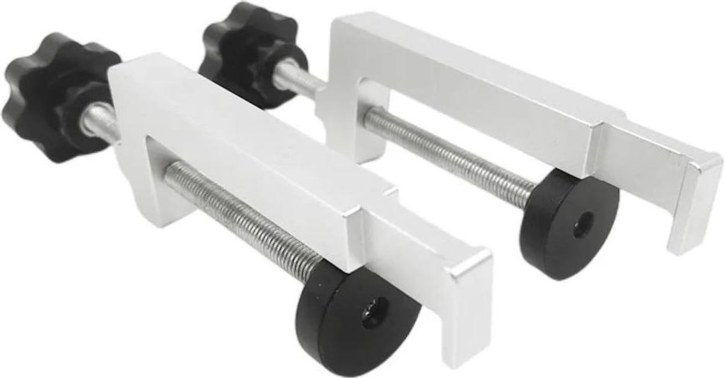 Führungsschienen-Klemmen für Holzbearbeitung - 2er-Set Clips - Für Oberfräse/Gravierarbeiten - Verstellbarer Anschlag - Zusatzführung - Betongrau