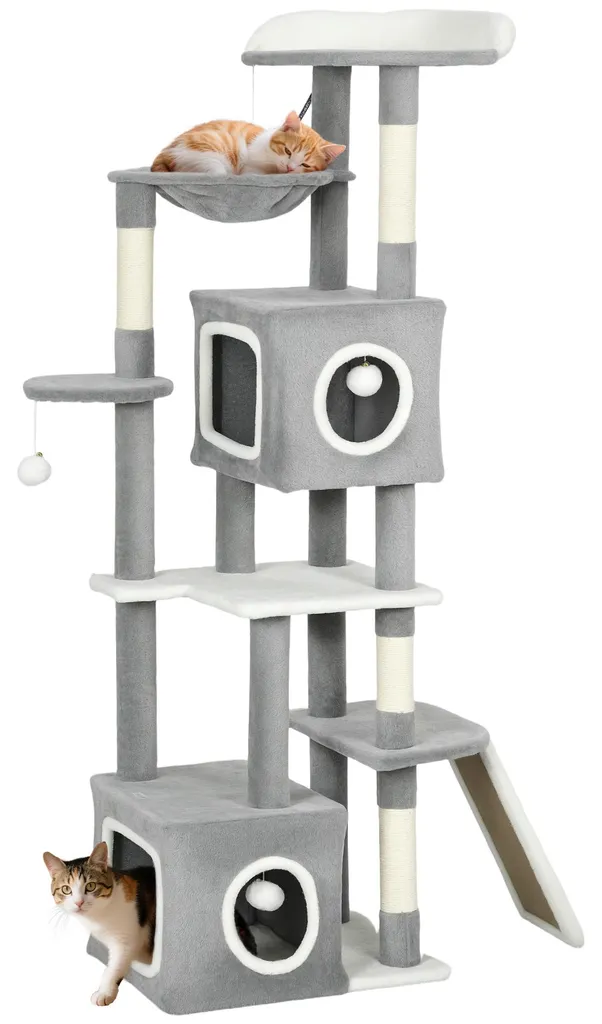 Arbre à chat 165 cm gris avec 2 niches et hamac pour grands chats