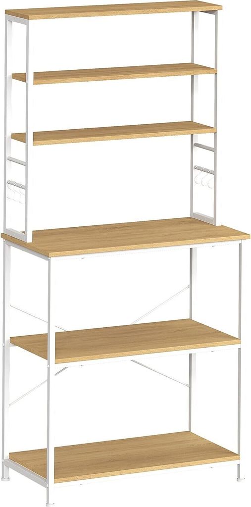 VASAGLE Küchenregal Kaffeemaschinenregal 6 Ablagen und 6 Haken für Mikrowelle Stahlrahmen Industriestil 40 x 80 x 167 cm Eiche Weiß