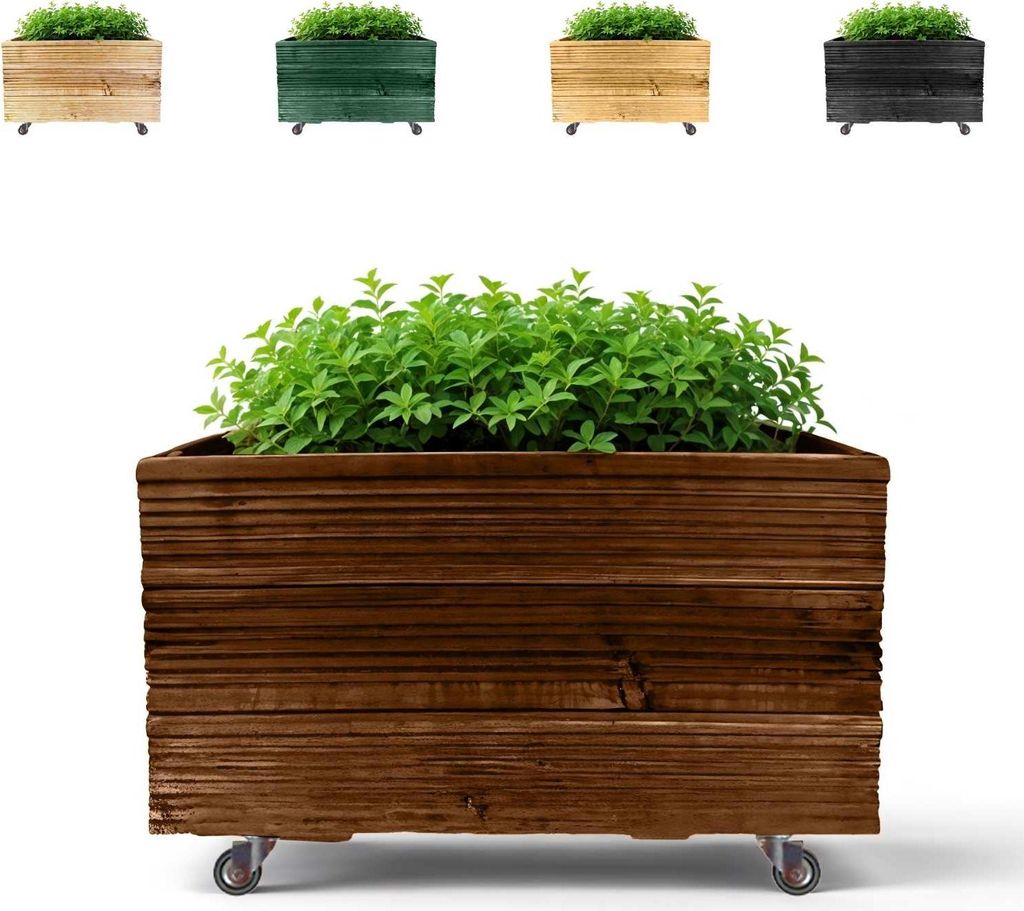 Floranica Pflanztopf 50x50 cm, Braun, eckiger Blumentopf aus Lärchenholz mit Rollen, Blumenkasten für drinnen und draußen