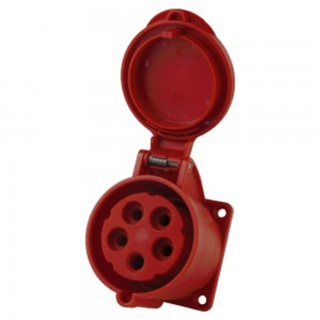 A red electrical socket with its cover open, shown against a white background.