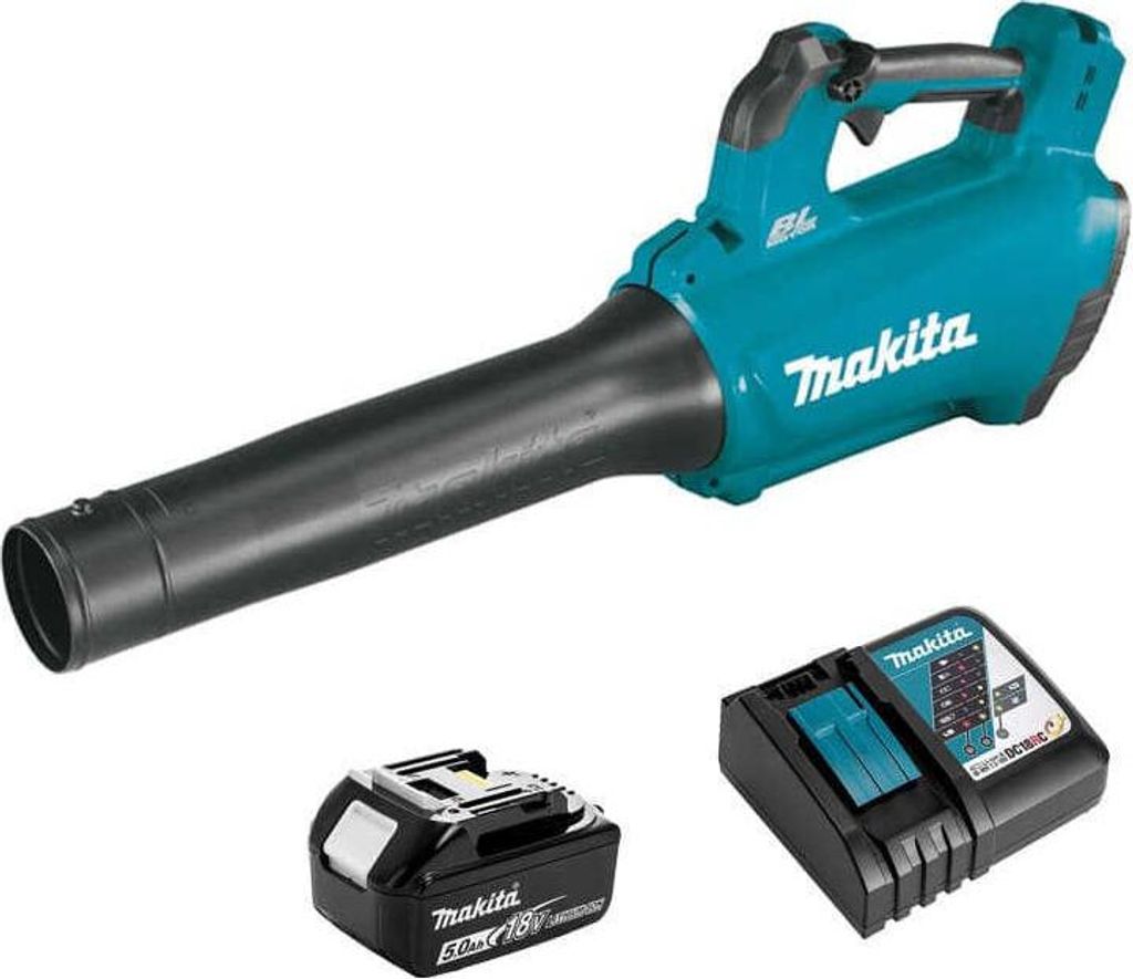 A cordless leaf blower, battery, and charger are displayed against a white background.