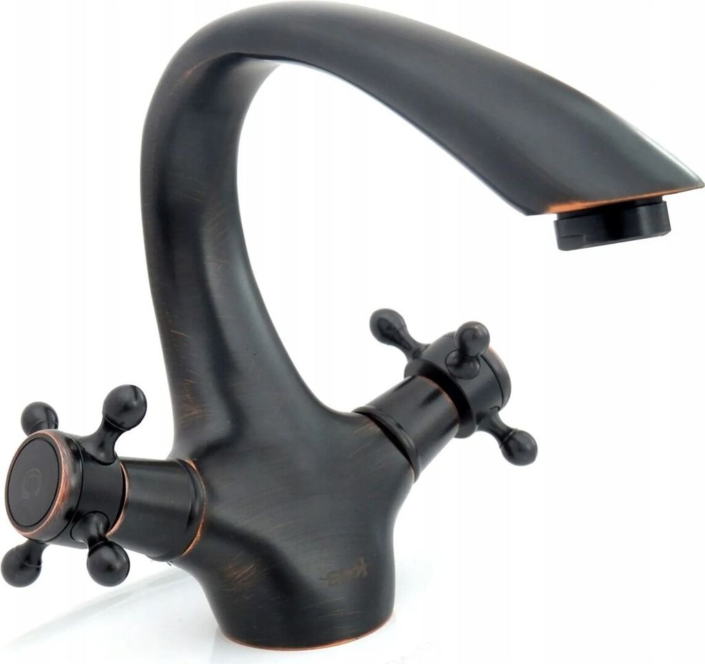 A dark bronze kitchen faucet with two cross-shaped handles.