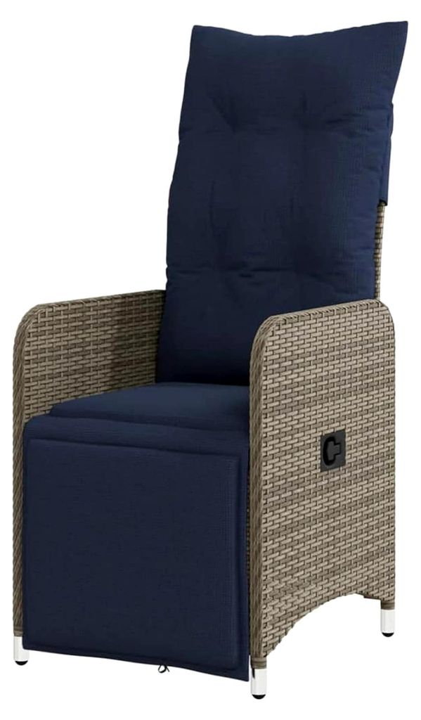 Verstellbarer Gartensessel mit Kissen in Grau aus Poly Rattan, Stapelstuhl für Balkon und Gartenmöbel für Outdoor