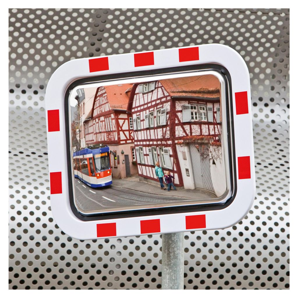Moravia Verkehrsspiegel aus Edelstahl 600 x 800 mm Rahmen rot/weiß + Schelle
