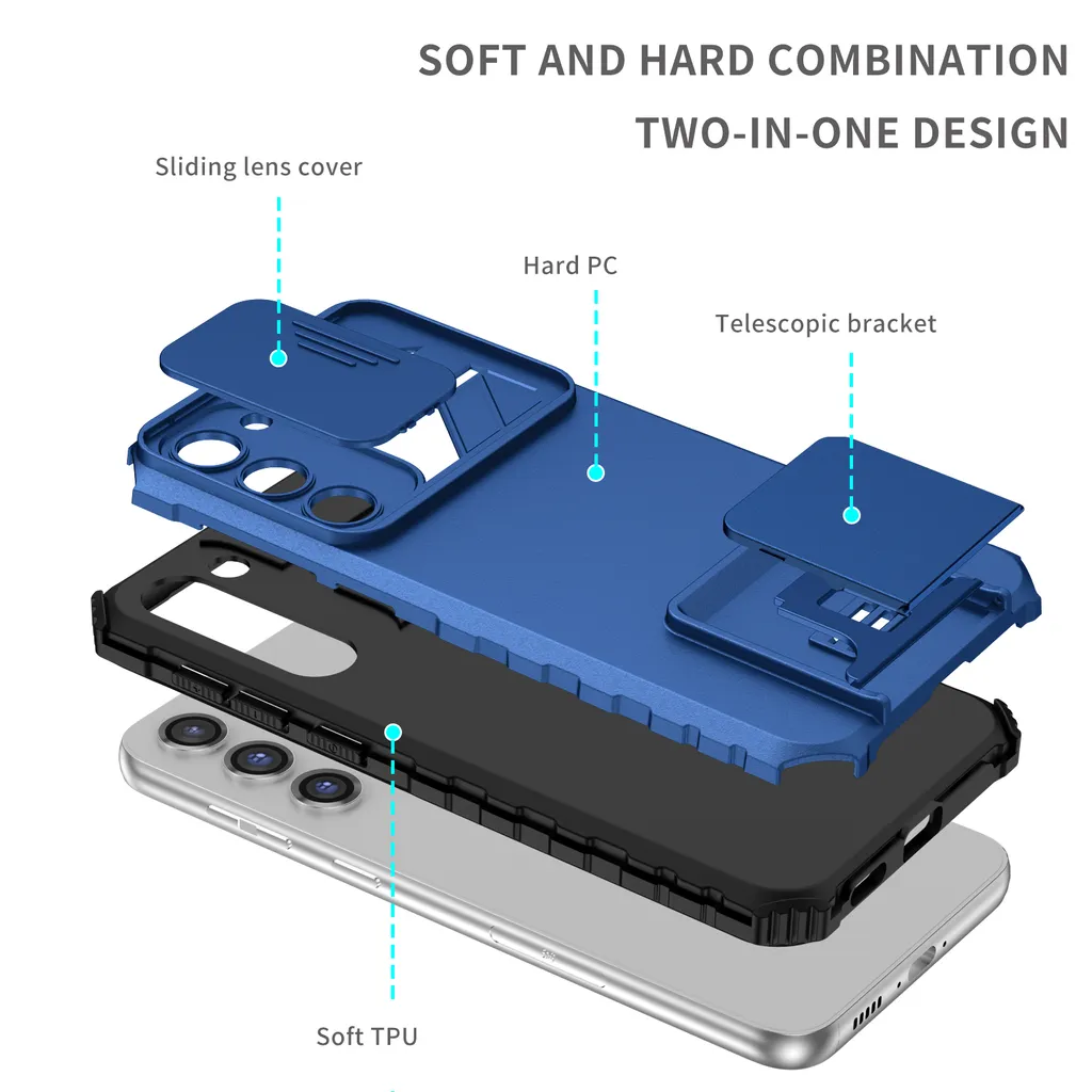 Cover Armor COMAKU Per Vivo Y21s/Y21/Y33s | Custodia Antiurto TPU+PC Con Anello Porta E Supporto | Copri Obiettivo Scorrevole (Blu)