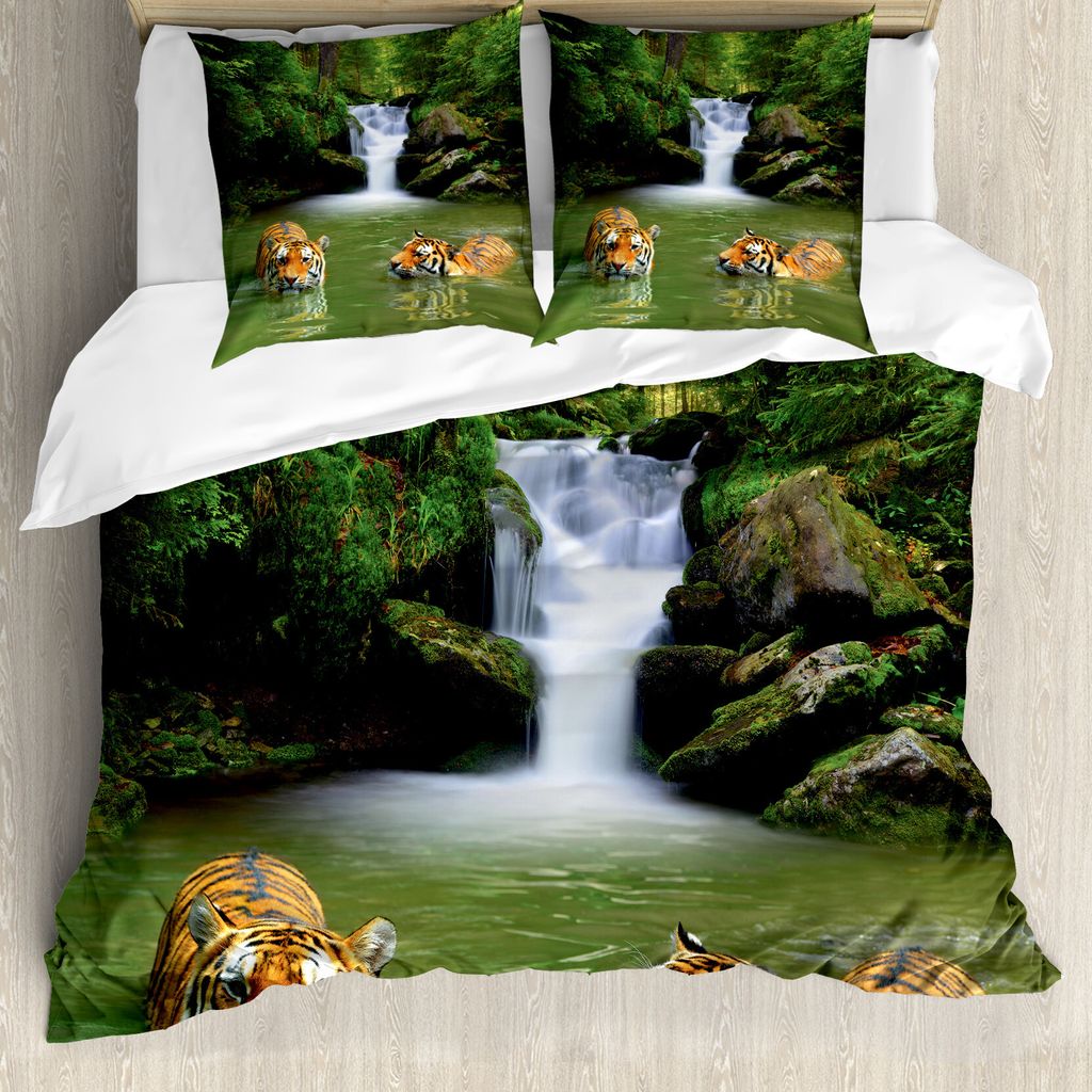 ABAKUHAUS Safari Bettbezug, Sibirische Tiger, Milbensicher Allergiker geeignet mit Kissenbezügen, 200 cm x 200 cm - 80 x 80 cm, Reseda, Grün, Orange