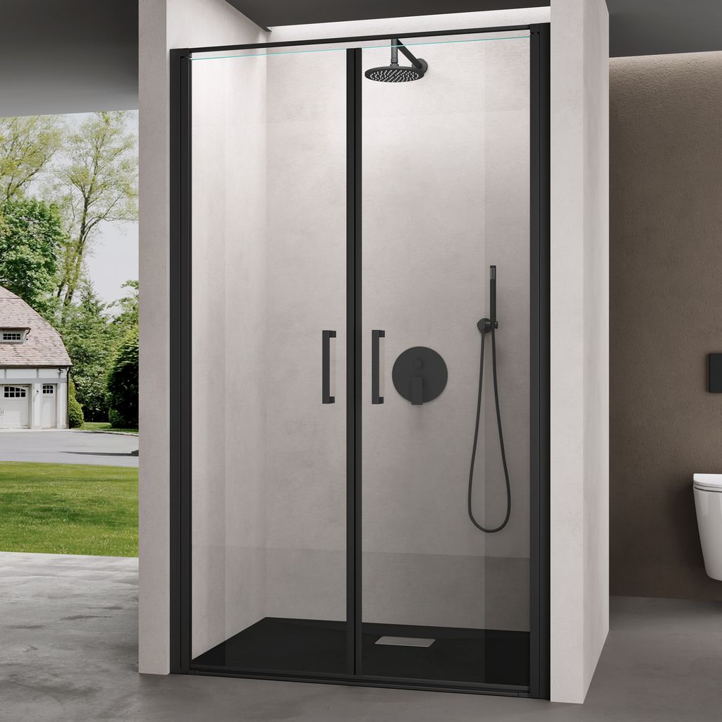 doporro Nischentür Nischendrehtür Duschabtrennung 90x195cm Großer Eintieg ESG-Sicherheitsglas Duschtür aus Klarglas Teramo66K schwarz