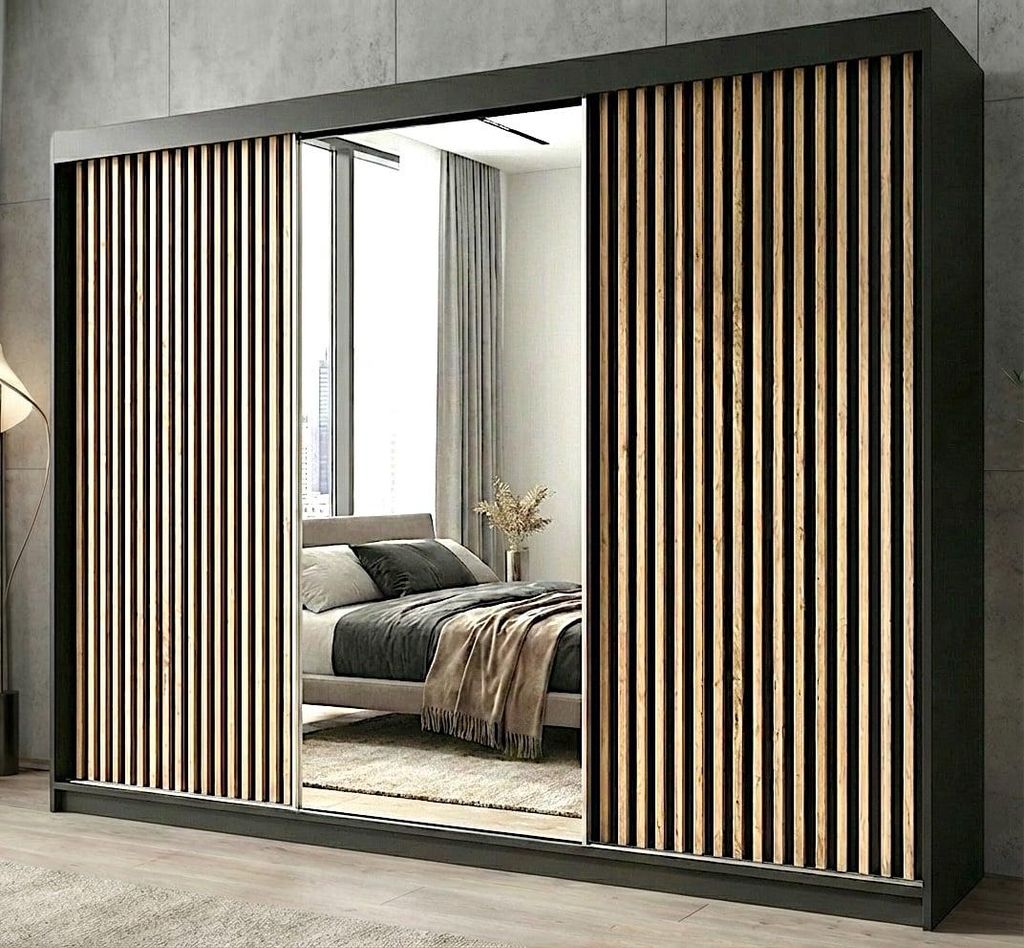 A bedroom scene with a wardrobe in the foreground.
