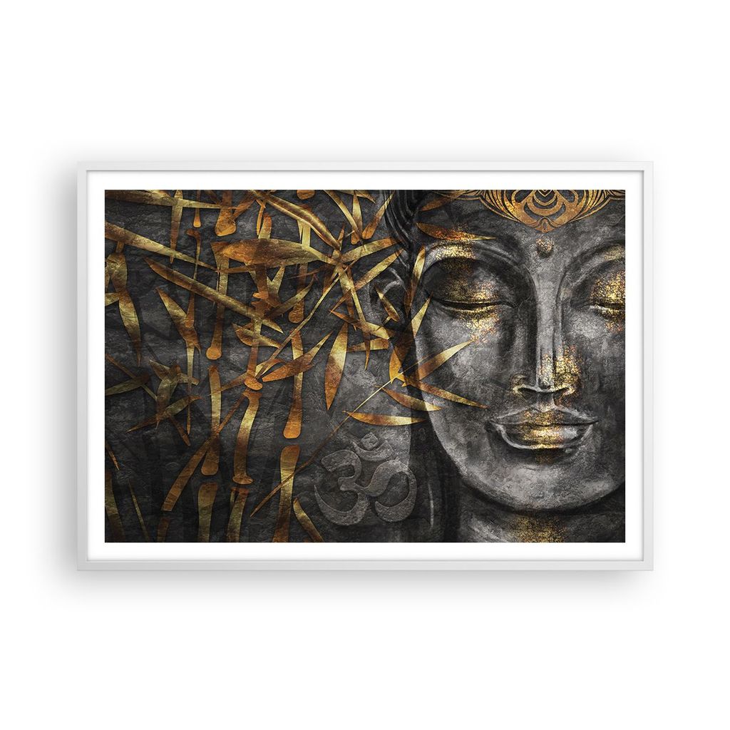 Gerahmtes Poster - Weißer Rahmen - Buddha Gold Bodhisattva - 100x70 cm - Wand Bild - Wanddeko - Wandbilder - Kunstposter - Wandposter - Bilderrahm...