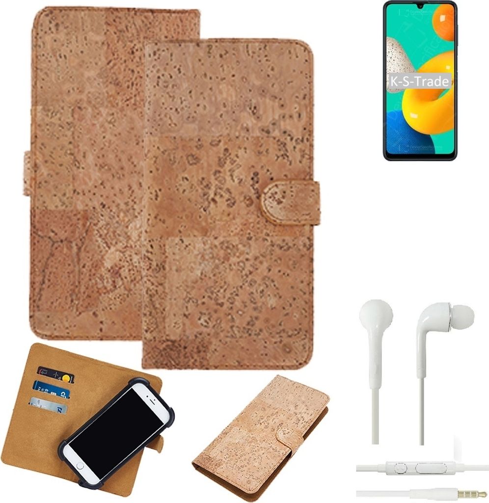 K-S-Trade Hülle kompatibel mit Samsung Galaxy M32 + in ear Kopfhörer Kork Handyhülle Cover Schutzhülle TPU Case Bumper in Hellbraun, (1x)
