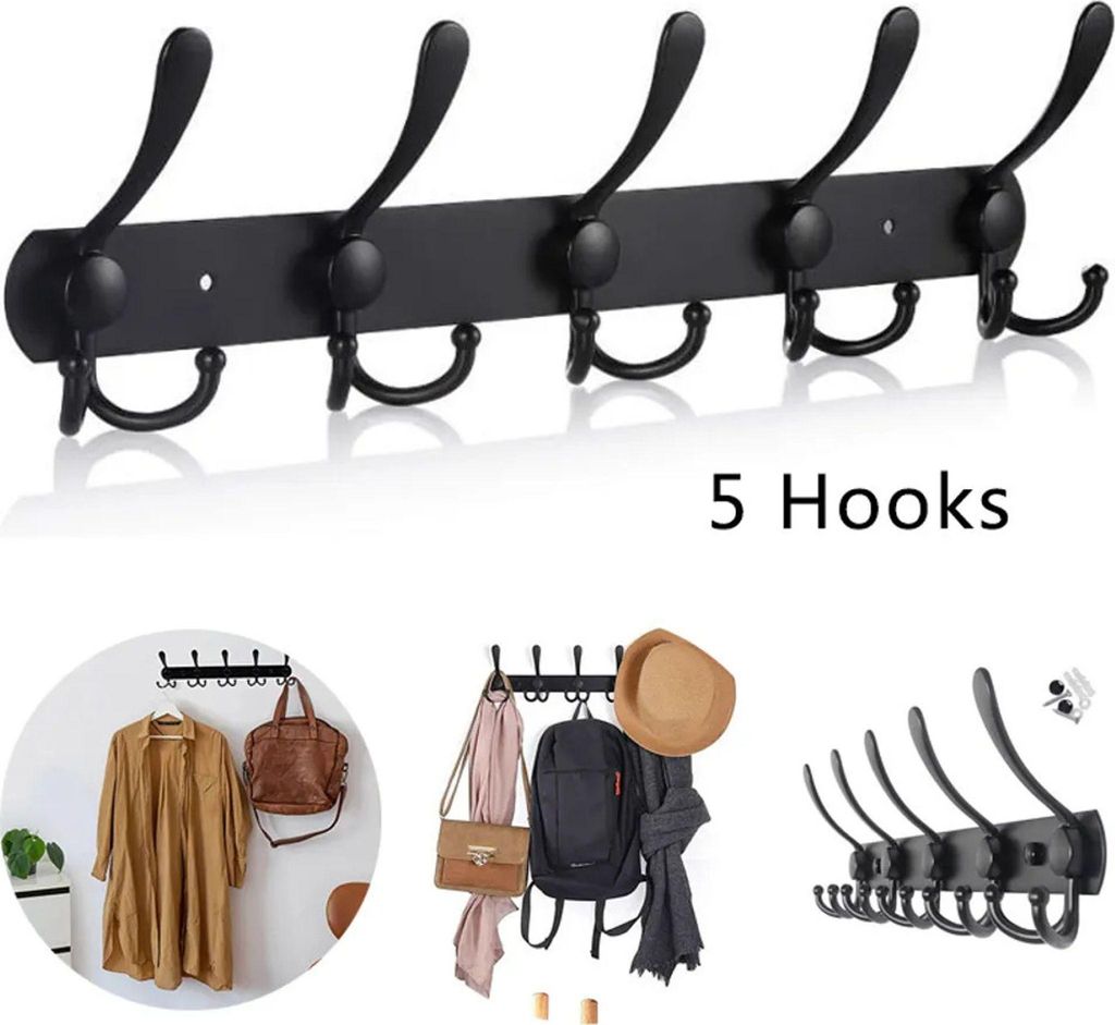 Wandhaken Wandgarderobe Garderobenleiste, Hakenleiste Kleiderhaken, Garderobenhaken Edelstahl Handtuchhalter 5 Haken, schwarz, 40 cm