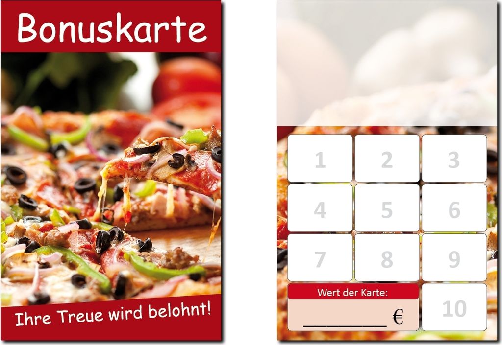 100 Stück Bonuskarten Pizzeria (BOK-413) Pizzakarten mit 10 Stempelfeldern Treuekarten möglich für Bereiche wie Gastronomie, Restaurant, Gastst...