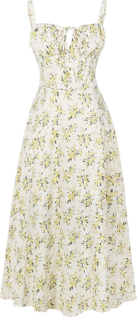 ASKSA Damen Sommer y aermellos Spaghettitraeger Boho Blumen Lang Kleid mit Schlitz (Gelb,XL)