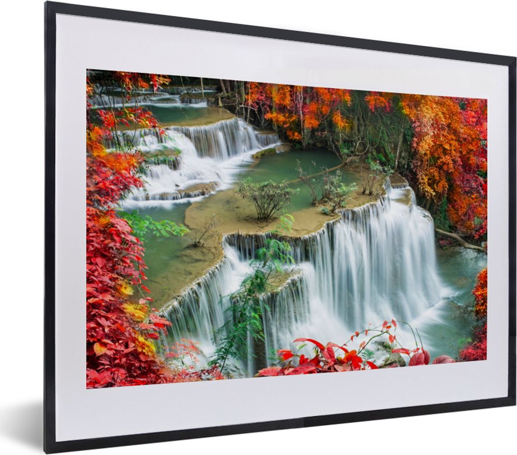 MuchoWow Gerahmtes Poster Bäume - Wasserfall - Herbst - Natur 40x30 cm - Poster mit Schwarzem Bilderrahmen Wandposter Rahmen Foto Bilder - Bilde...