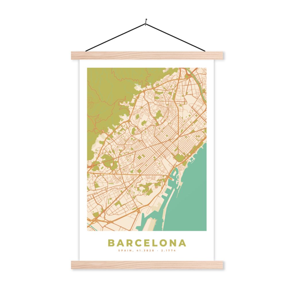 MuchoWow Textilposter Karte - Barcelona - Stadtplan - Vintage 60x90 cm mit holzfarbenen Rahmen - Textil