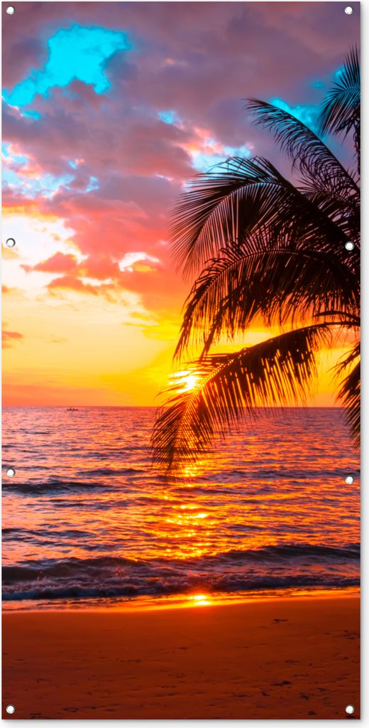 MuchoWow 80x160 cm Outdoor-Poster Gartendeko Sichtschutz Garten Poster für den Garten Palme - Sonnenuntergang - Strand - Meer - Horizont