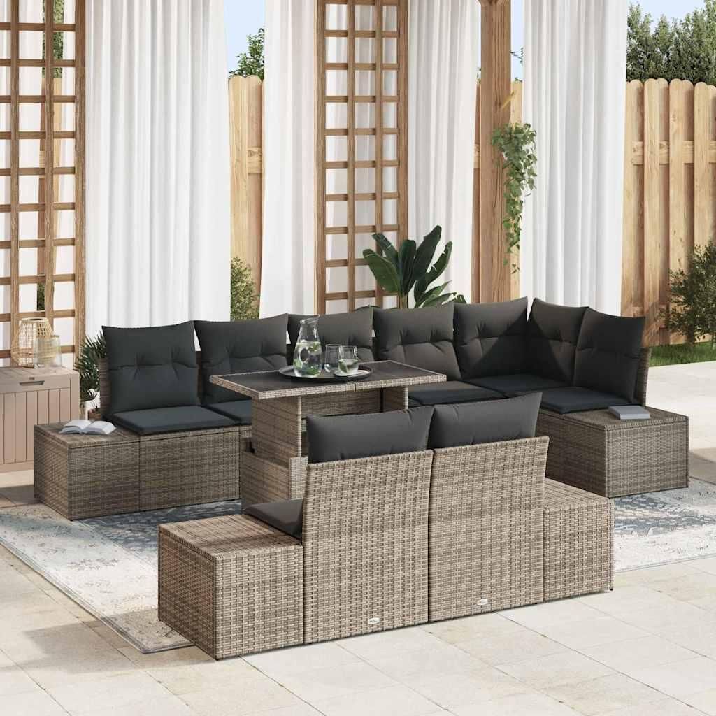 CLORIS Garten-Sofa-Set mit Speicher 9 pcs Grau Poly Rattan - Gartenmöbelgarnituren 758