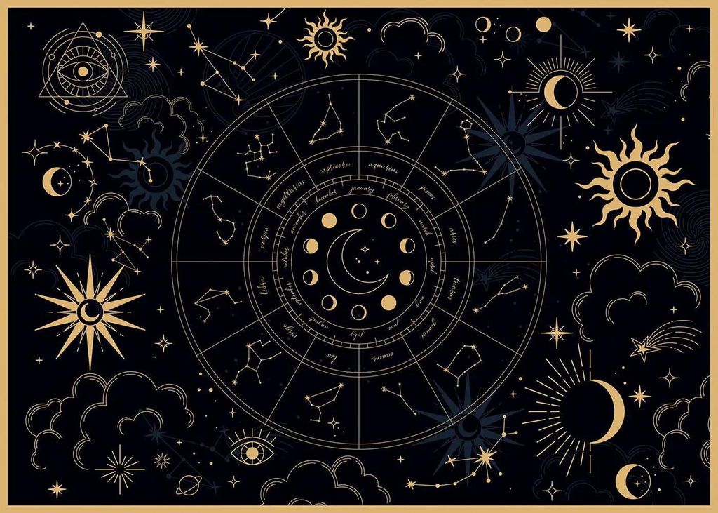 A dark, mystical background with celestial imagery, including a zodiac wheel, constellations, suns, moons, and clouds.
