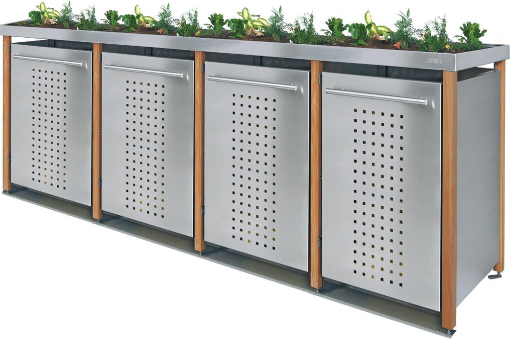 reinkeDESIGN | Müllhäuschen 4x120L | Typ_L | Pflanzenwanne, Lärchenholzpfosten, Blenden in Edelstahl | Ideal für Eigenheim, Herstellervertrieb