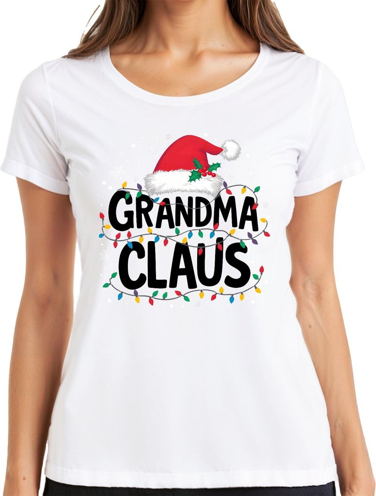 Grandma Claus Oma Weihnachten Lichterkette Schneeflocken Geschenk Damen T-Shirt, Weiß, M
