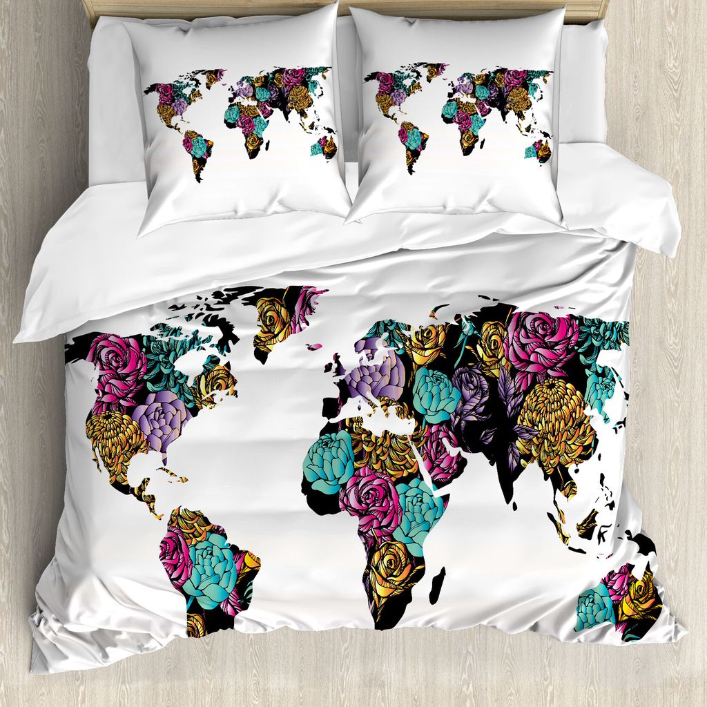 ABAKUHAUS Floral Weltkarte Bettbezug, Weltkarte Blumen, Milbensicher Allergiker geeignet mit Kissenbezügen, 200 cm x 200 cm - 80 x 80 cm, Mehrfarbig
