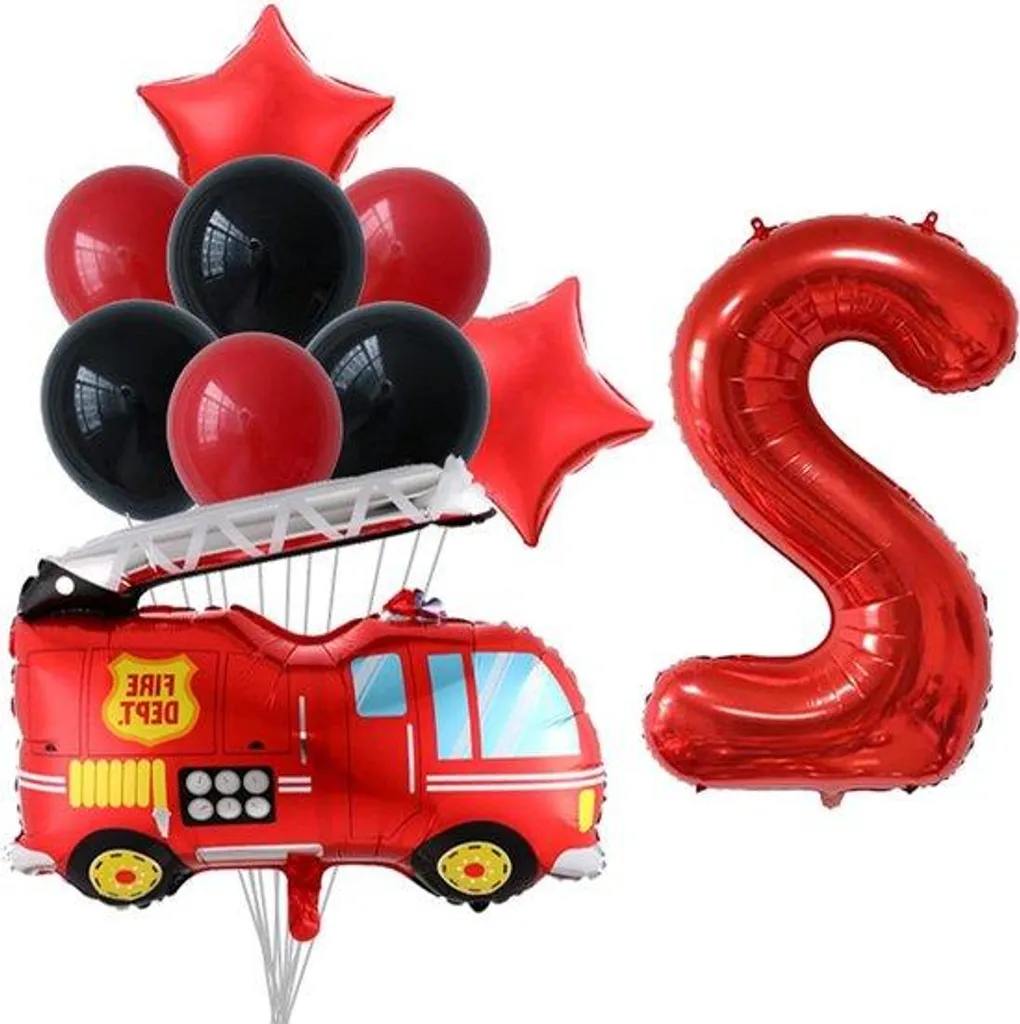 Ballons Camion de Pompier Anniversaire 2 Ans - Kit Déco Rouge 10 Pièces