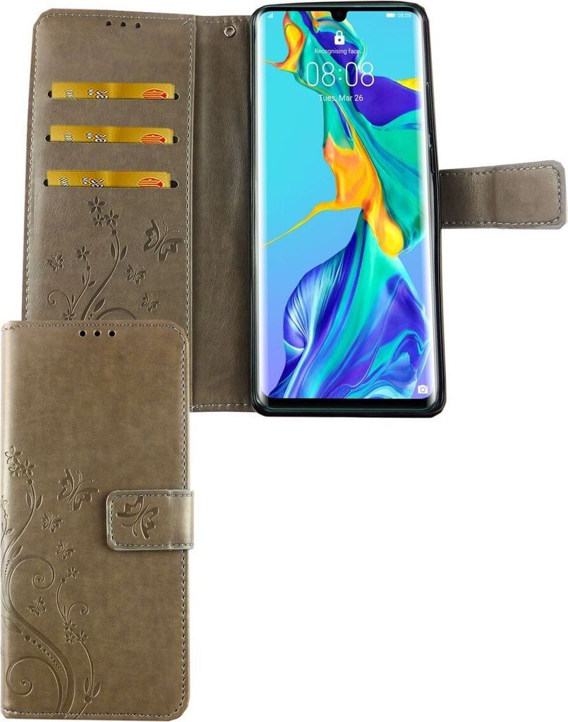 Huawei P30 Pro New Editition Handy Hülle Schutz-Tasche Cover Flip-Case Kartenfach Grau
