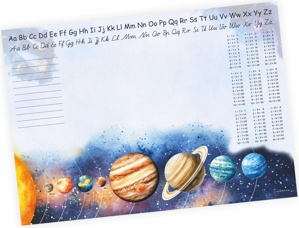 A3 Schreibtischunterlage Papier Sonnensystem – Planeten mit kleinem 1×1 | 50 Blatt