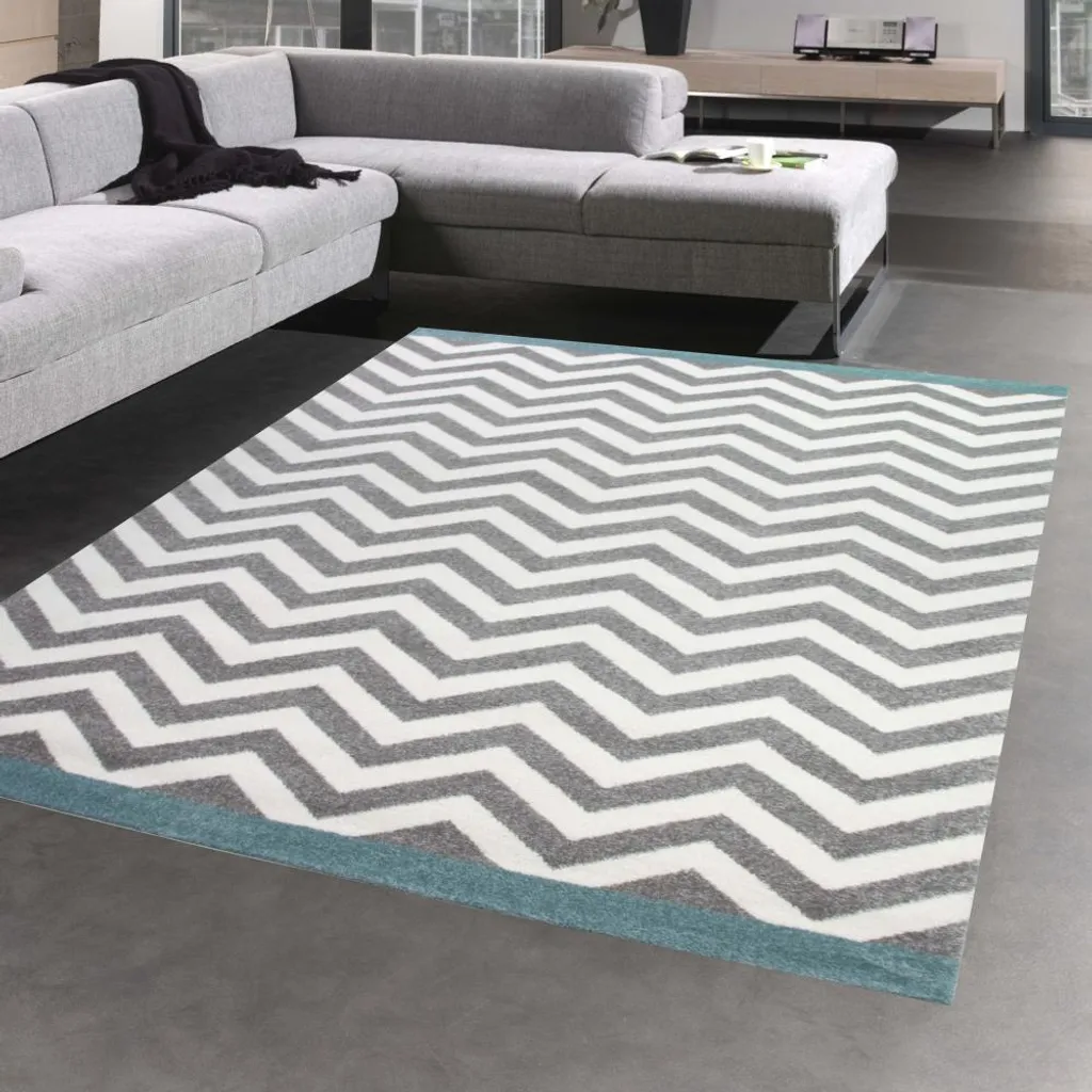 Tapis de salon scandinave turquoise crème gris - 80x150 cm - Design Chic