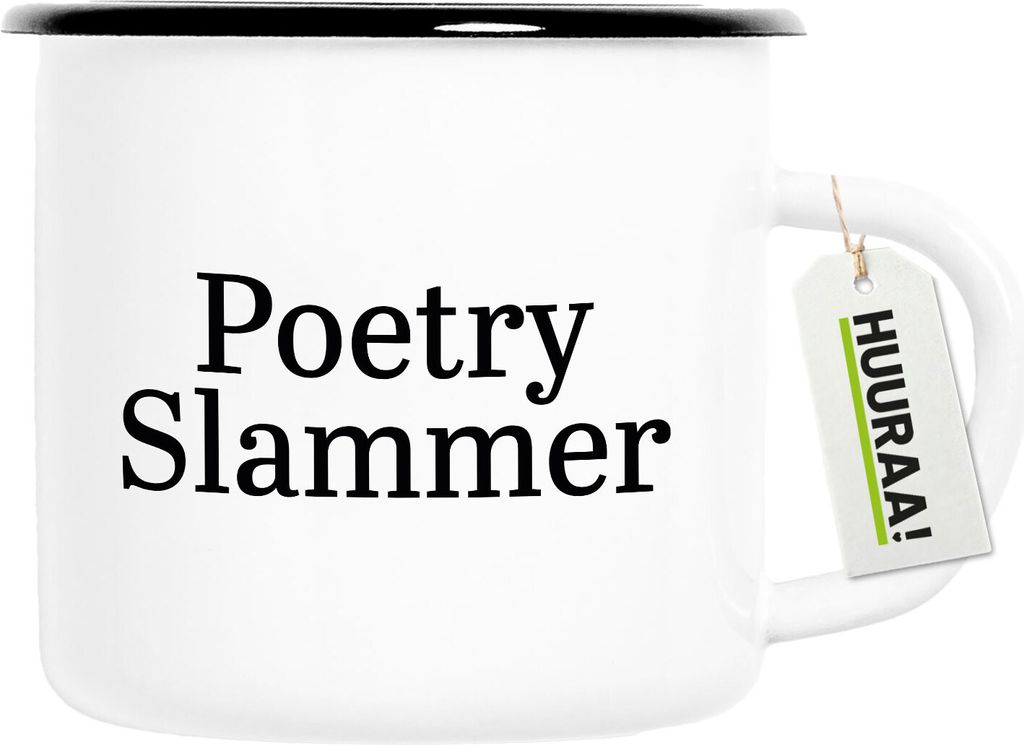 Huuraa Emaille Tasse Poetry Slammer Schriftzug 300ml Vintage Campingbecher Geschenkidee