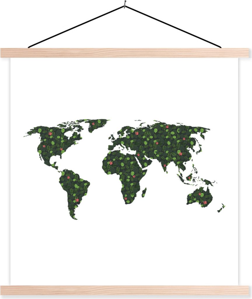 MuchoWow Textilposter Weltkarte - Blumen - Blätter 60x60 cm mit holzfarbenen Rahmen - Wanddekoration