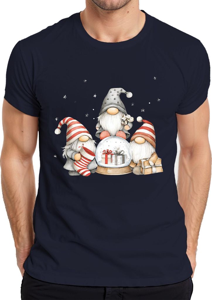 Weihnachtswichtel Schneekugel Geschenke skandinavisch Retro Herren T-Shirt, Navy, XXL