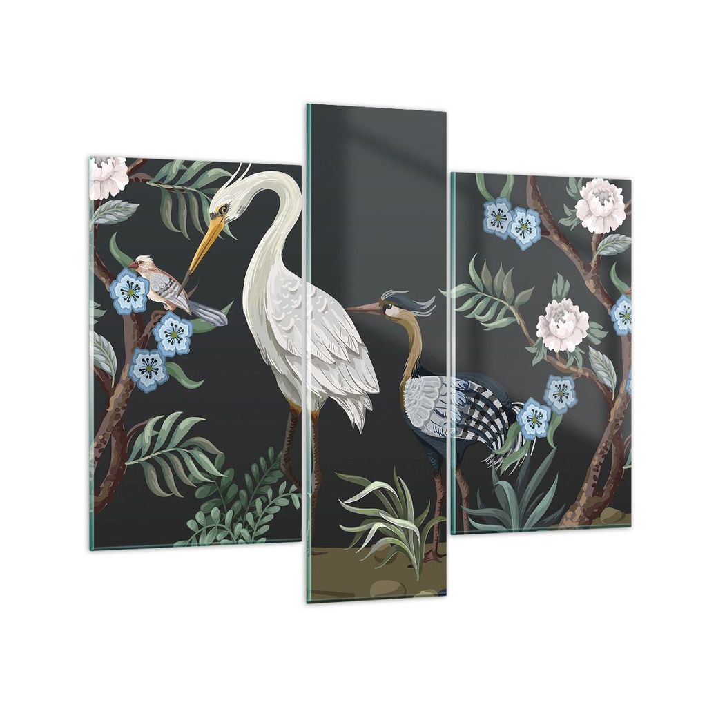 Bilder auf glas - 3 Teile - Asiatisch Reiher Blumen - 95x80cm - Glasbilder - Wandbilder - Bilder - zum Aufhängen bereit - Wanddekoration aus Glas ...