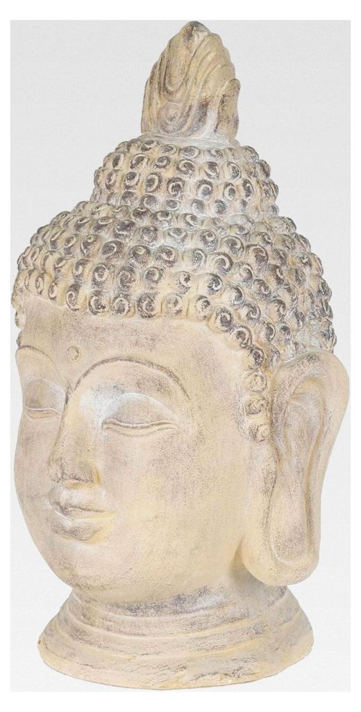 Buddha Figur 55 cm Beige/Grau, Kunststein Polyresin, Kopf Statue Skulptur Dekofigur für Haus und Garten