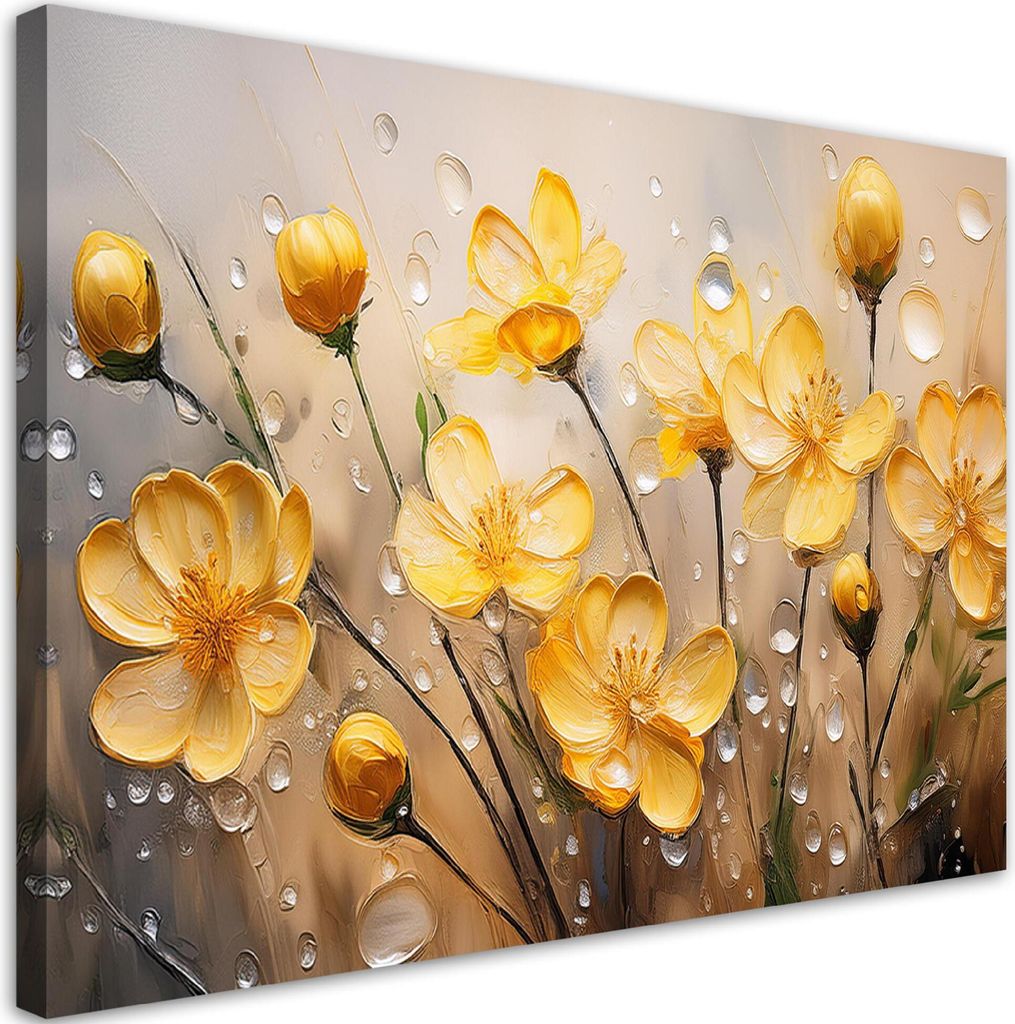 Leinwandbild Gelbe Blumen Pflanzen Tautropfen 90x60 Feeby Gelb bild für die wand bereit zum aufhängen