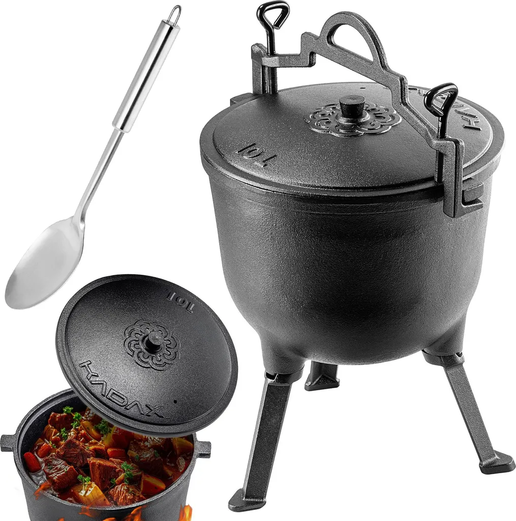 KADAX Calderone Ghisa 10L - Set Cottura Primitiva + Cucchiaio Lungo